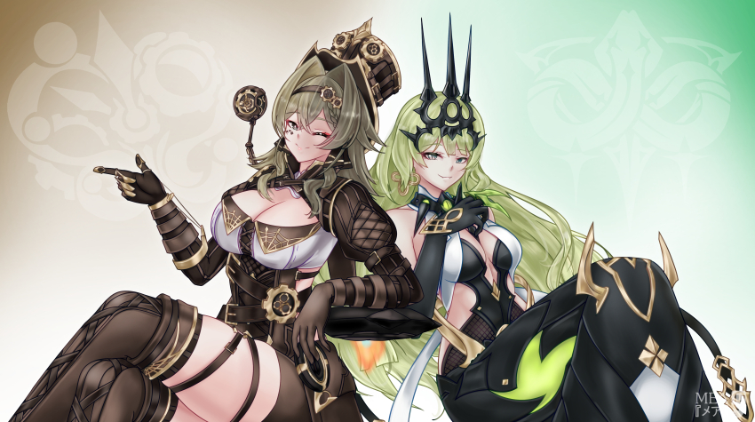 2girls, ;), absurdres, artist_name, black_dress, black_gloves, black_tiara, boots