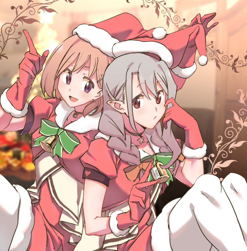 2girls, bell, black_choker, bow, bowtie, braid, brown_eyes, brown_hair