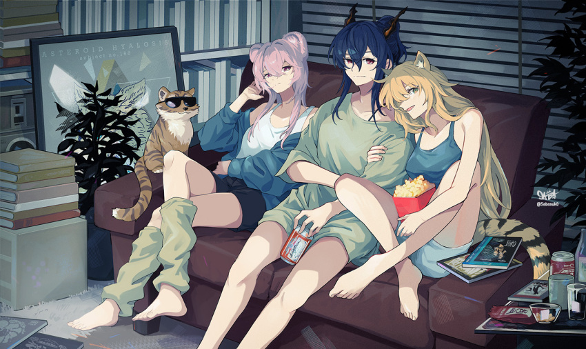 3girls, animal_ears, arknights, arm_hug, barefoot, blonde_hair, blue_tank_top, book