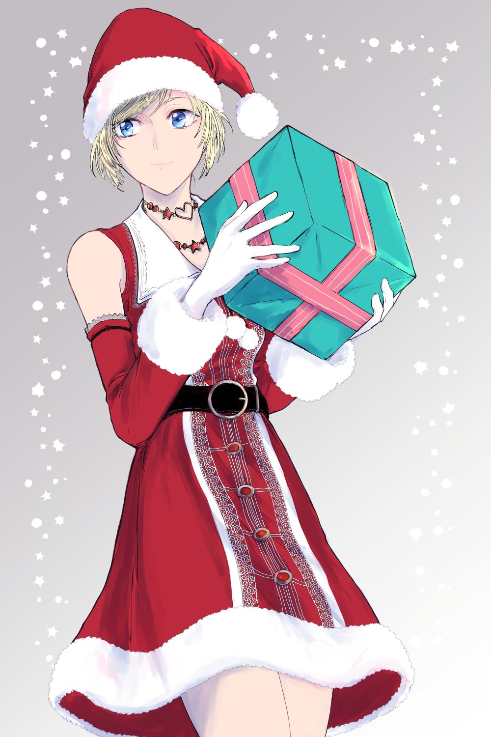 1girl, belt, blonde_hair, blue_eyes, box, choker, christmas, closed_mouth