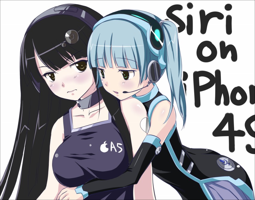 2girls, amino_kohaku, apple_inc., breasts, brown_hair, cellphone, choker, headset