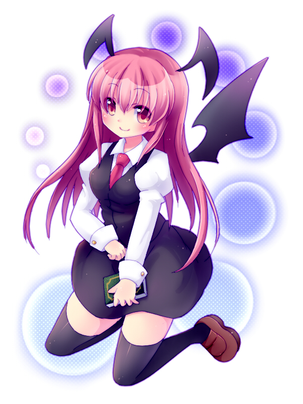 1girl, bad_id, bad_pixiv_id, bat_wings, black_skirt, black_thighhighs, blush, book