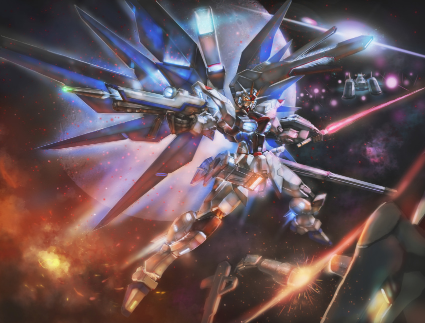absurdres, archangel_(gundam), beam_rifle, commentary_request, energy_gun, energy_sword, flying, freedom_gundam, ginn, glowing, gun, gundam, gundam_seed, highres, holding, holding_gun, holding_weapon, mecha, mecha_focus, mechanical_wings, mobile_suit, no_humans, robot, sail_678, science_fiction, shield, solo, space, sword, v-fin, weapon, wings, yellow_eyes