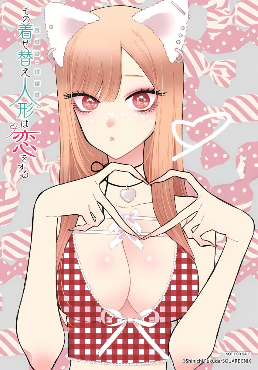 1girl, animal_ears, artist_name, blonde_hair, blue_background, blush, breasts, cat_ears