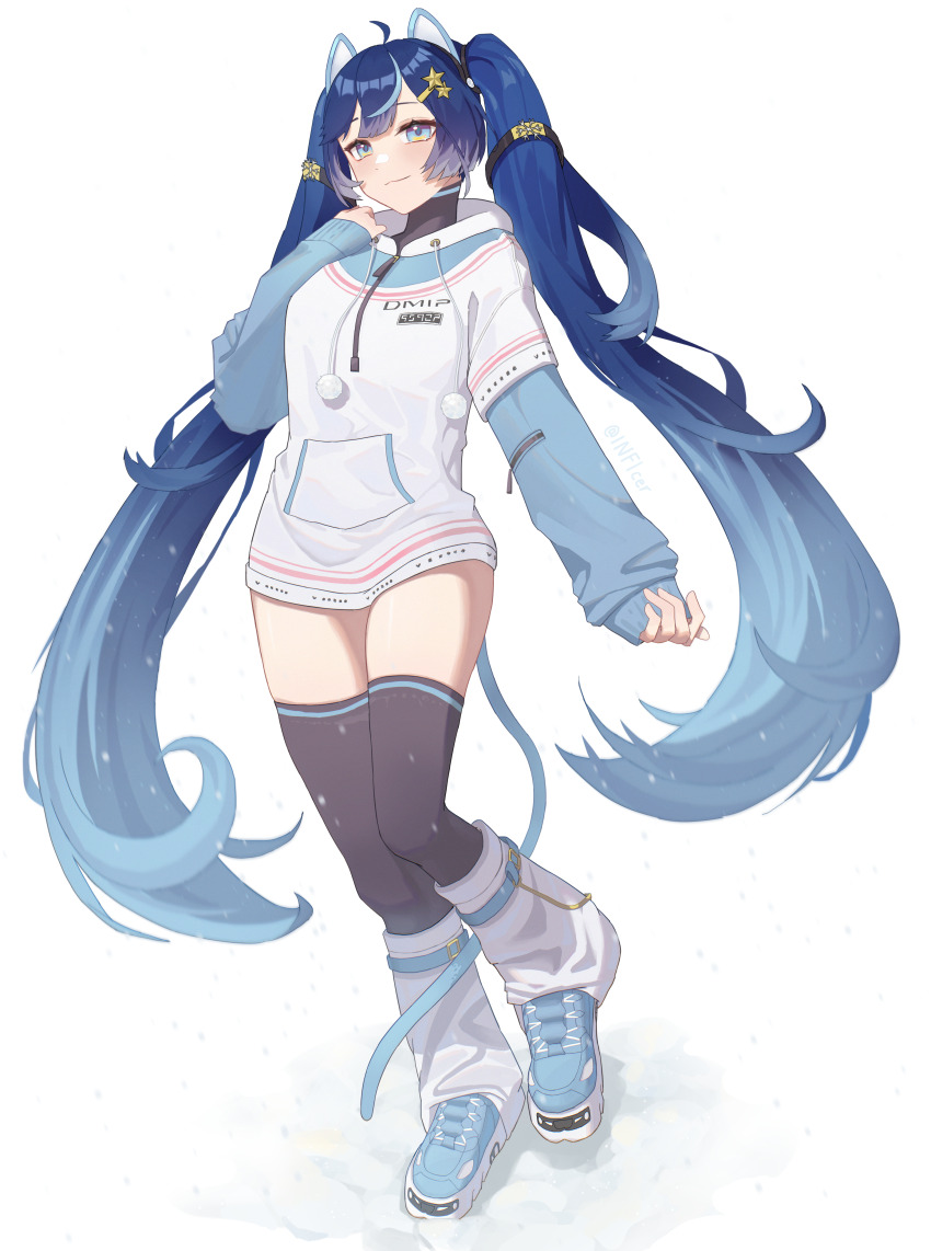 1girl, absurdres, ahoge, alternate_costume, black_thighhighs, blue_eyes, blue_hair, blue_shoes