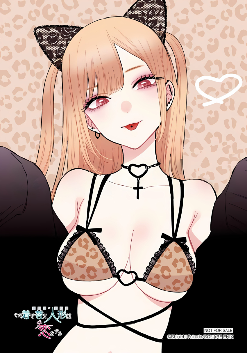 1girl, absurdres, animal_ears, artist_name, barbell_piercing, black_choker, black_jacket, black_ribbon, blonde_hair, bra, breasts, brown_background, brown_bra, cat_ears, chain_choker, choker, cleavage, collarbone, commentary, copyright_name, cross, ear_piercing, earrings, english_commentary, fake_animal_ears, fukuda_shinichi, gyaru, heart, heart_choker, highres, industrial_piercing, jacket, jewelry, kitagawa_marin, lace, lace-trimmed_bra, lace_trim, large_breasts, looking_at_viewer, navel, official_art, patterned, patterned_background, patterned_clothing, piercing, red_eyes, ribbon, sono_bisque_doll_wa_koi_wo_suru, third-party_source, tongue, tongue_out, tongue_piercing, twintails, underwear