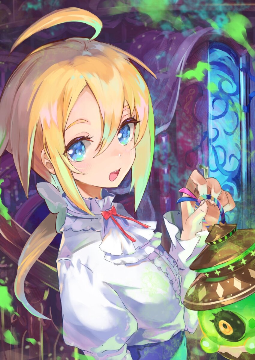 1girl, 1other, ahoge, blonde_hair, blue_eyes, blue_skirt, commentary_request, eureka_de_soleil