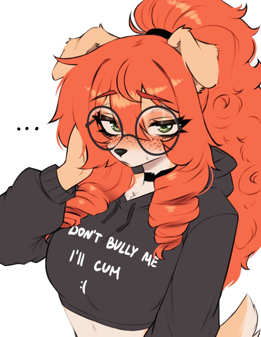 1girl, black_choker, black_jacket, body_freckles, breasts, choker, commentary, cropped_jacket, dog_girl, don't_bully_me_(meme), drill_hair, drill_sidelocks, freckles, furry, glasses, green_eyes, helicopterfood, high_ponytail, highres, jacket, looking_at_viewer, medium_breasts, meme, orange_fur, original, ponytail, red_hair, round_eyewear, sidelocks, solo