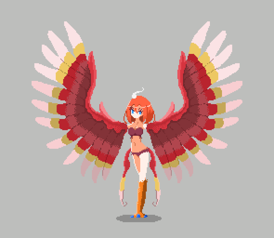 1girl, ahoge, bird_legs, bird_tail, blue_eyes, commentary, digitigrade, feather_fingers, feathered_wings, feathers, grey_background, harpy, medium_hair, monster_girl, multicolored_feathers, multicolored_hair, navel, original, pixel_art, red_feathers, red_hair, sekiyadn, simple_background, tail, talons, two-tone_hair, underwear, underwear_only, white_hair, winged_arms, wings