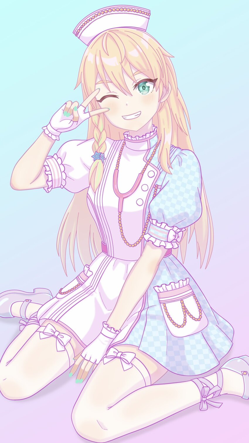 1girl, aqua_eyes, aqua_nails, blonde_hair, braid, commentary_request, fingerless_gloves, gloves