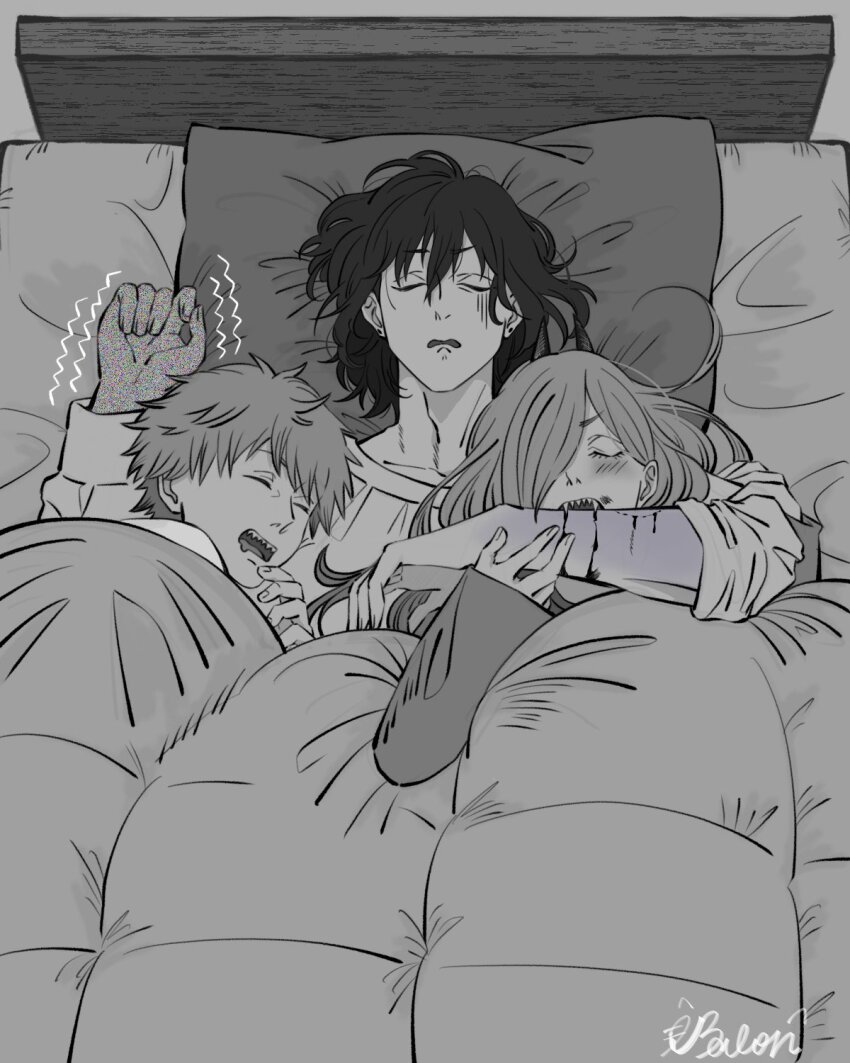 1girl, 2boys, artist_name, balon, bite_mark, biting, biting_another's_arm, blanket