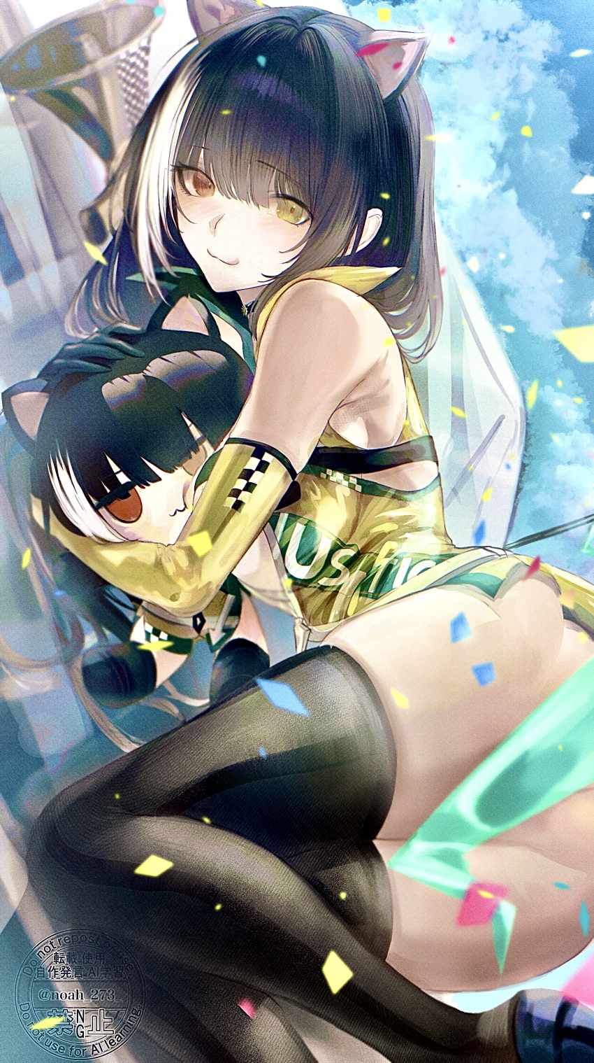 1girl, :3, absurdres, animal_ears, ass, bare_shoulders, black_hair, black_shoes