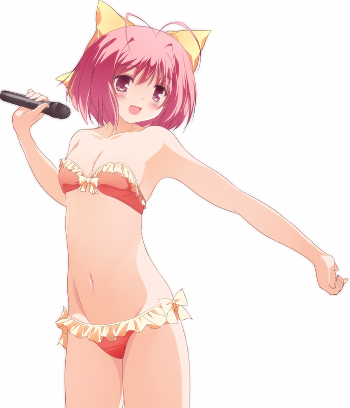 1girl, bee_(bee0314), bikini, bow, female_focus, flat_chest, hair_bow, kami_nomi_zo_shiru_sekai, microphone, nakagawa_kanon, pink_eyes, pink_hair, short_hair, solo, swimsuit