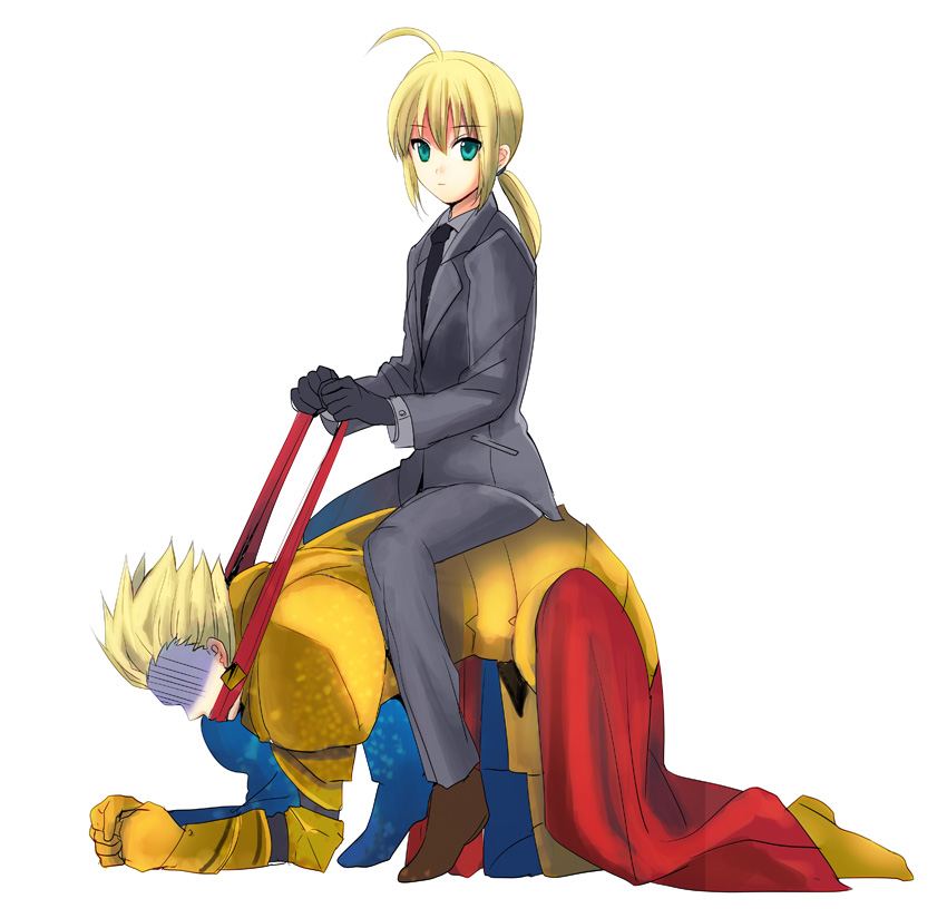 1boy, 1girl, ahoge, armor, artoria_pendragon_(fate), bad_id, bad_pixiv_id, black_gloves, blonde_hair, earrings, expressionless, fate/stay_night, fate/zero, fate_(series), femdom, formal_clothes, fujisaki, gagged, gilgamesh_(fate), girl_on_top, gloves, green_eyes, jewelry, necktie, ponytail, riding, saber_(fate), sitting, sitting_on_person, suit
