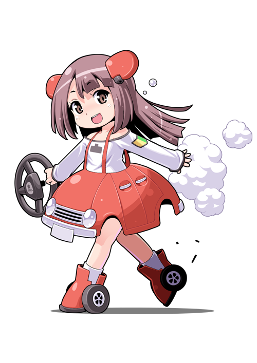 1girl, :d, blunt_bangs, blunt_ends, boots, brown_eyes, brown_hair, car