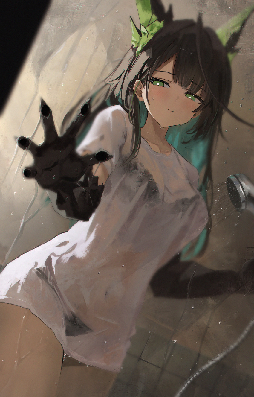 1girl, absurdres, animal_ears, aqua_hair, arknights, black_bra, black_hair, black_panties