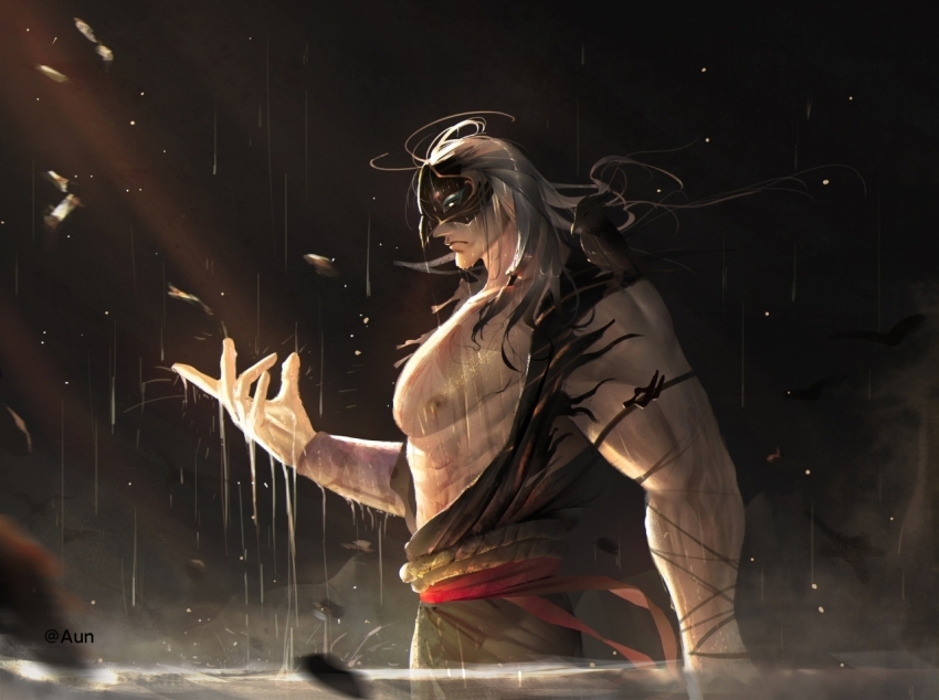 1boy, 324plex, abs, bara, bennu_(granblue_fantasy), black_shirt, closed_mouth, commentary_request, dark-skinned_male, dark_skin, from_side, granblue_fantasy, grey_hair, male_focus, mask, muscular, muscular_male, nipples, pectorals, profile, shirt, torn_clothes