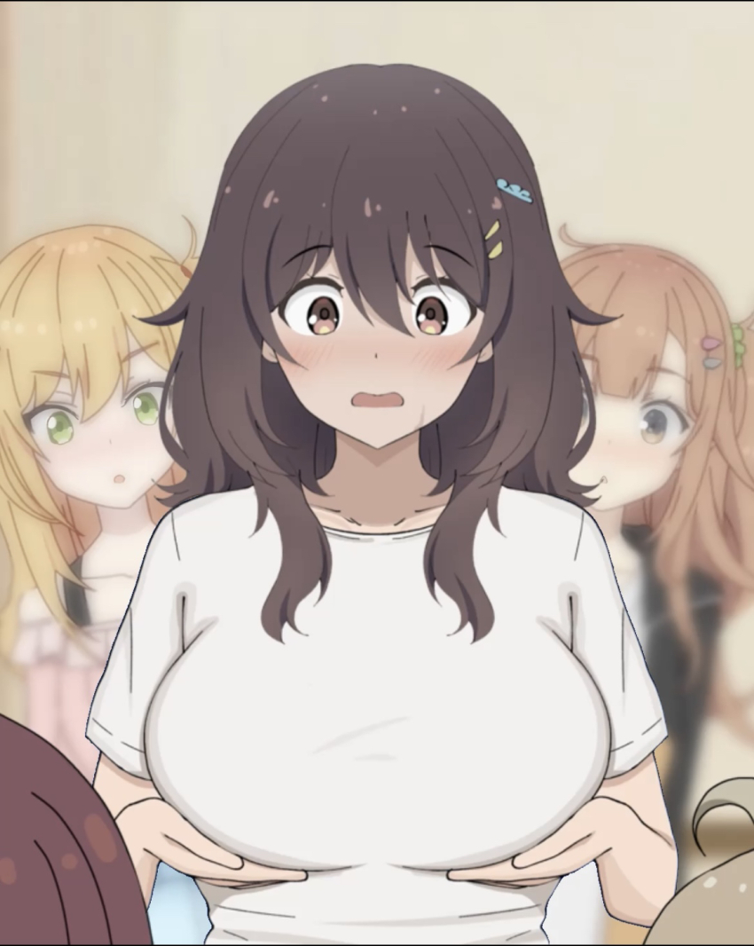 5girls, ahoge, black_hair, blonde_hair, blush, breasts, brown_eyes, brown_hair, collarbone, furutachi_kurea, grabbing_own_breast, green_eyes, hair_ornament, hairclip, hibi_wa_sugiredo_meshi_umashi, higa_tsutsuji, highres, hoshi_nana, kawai_mako, large_breasts, long_hair, looking_at_breasts, looking_down, multiple_girls, ogawa_shinon, open_mouth, orange_eyes, parallel_hairclips, pink_shirt, poa_mellhen, ponytail, scrunchie, shirt, short_sleeves, side_ponytail, standing, sweat, upper_body, white_shirt