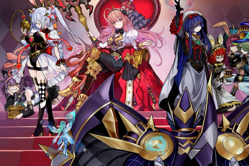 6+girls, allied_code_talker_@ignister, animal_ear_fluff, animal_ears, asymmetrical_clothes, bell, black_bow, black_leotard, black_souls, black_souls_2, blonde_hair, blue_eyes, blue_hair, blush, bow, breasts, camera, cat_ears, cat_girl, checkered_background, choker, closed_eyes, closed_mouth, commentary_request, crossed_legs, cup, detached_sleeves, dimension_shifter, dress, duel_monster, fairy, frilled_hairband, frills, full_body, gensou_roukaku, green_hair, hair_ornament, hair_over_one_eye, hairband, holding, holding_cup, large_breasts, lee_the_world_chalice_fairy, leotard, looking_at_viewer, mad_hacker_(yu-gi-oh!), maliss_<p>_chessy_cat, maliss_<p>_dormouse, maliss_<p>_march_hare, maliss_<p>_white_rabbit, maliss_<q>_hearts_crypter, mouse_ears, mouse_girl, multiple_girls, neck_bell, orange_eyes, pink_eyes, pink_hair, pink_nails, plate, pocket_watch, purple_eyes, purple_hair, rabbit_ears, rabbit_girl, red_hair, see-through_clothes, shirt, short_hair, shorts, sitting, smile, spiked_wristband, stairs, standing, strapless, strapless_dress, tail, teacup, teeth, watch, white_shirt, yellow_eyes, yu-gi-oh!