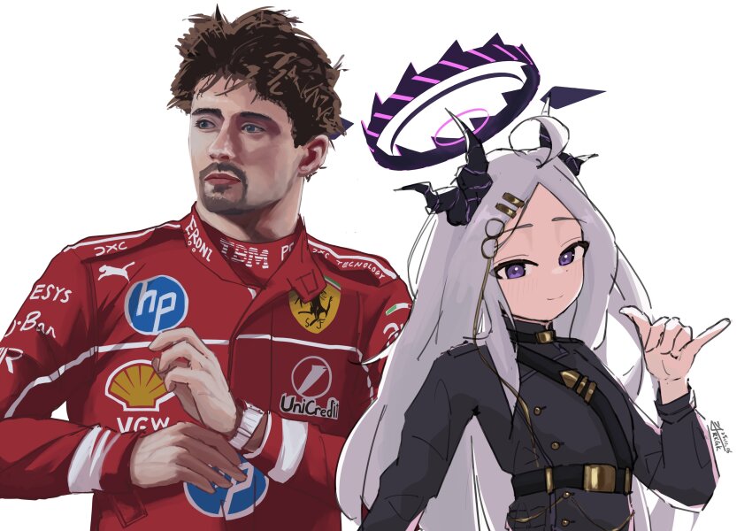 1boy, 1girl, absurdres, ahoge, belt, black_belt, black_halo, blue_archive, brown_hair, charles_leclerc, demon_girl, demon_horns, facial_hair, flat_chest, formula_one, halo, highres, hina_(blue_archive), horns, long_hair, looking_at_viewer, niokai, purple_eyes, real_life, simple_background, upper_body, very_long_hair, white_background, white_hair