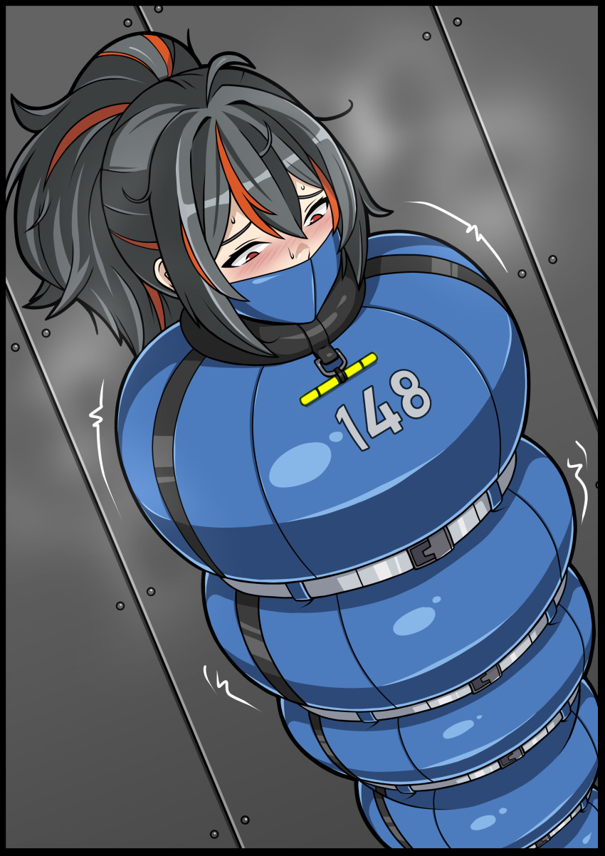 1girl, absurdres, argrim, black_hair, blush, commentary, english_commentary, highres, mask, medium_hair, mouth_mask, multicolored_hair, nervous_sweating, orange_hair, ponytail, red_eyes, sleepsack, solo, sweat, zenless_zone_zero, zhu_yuan