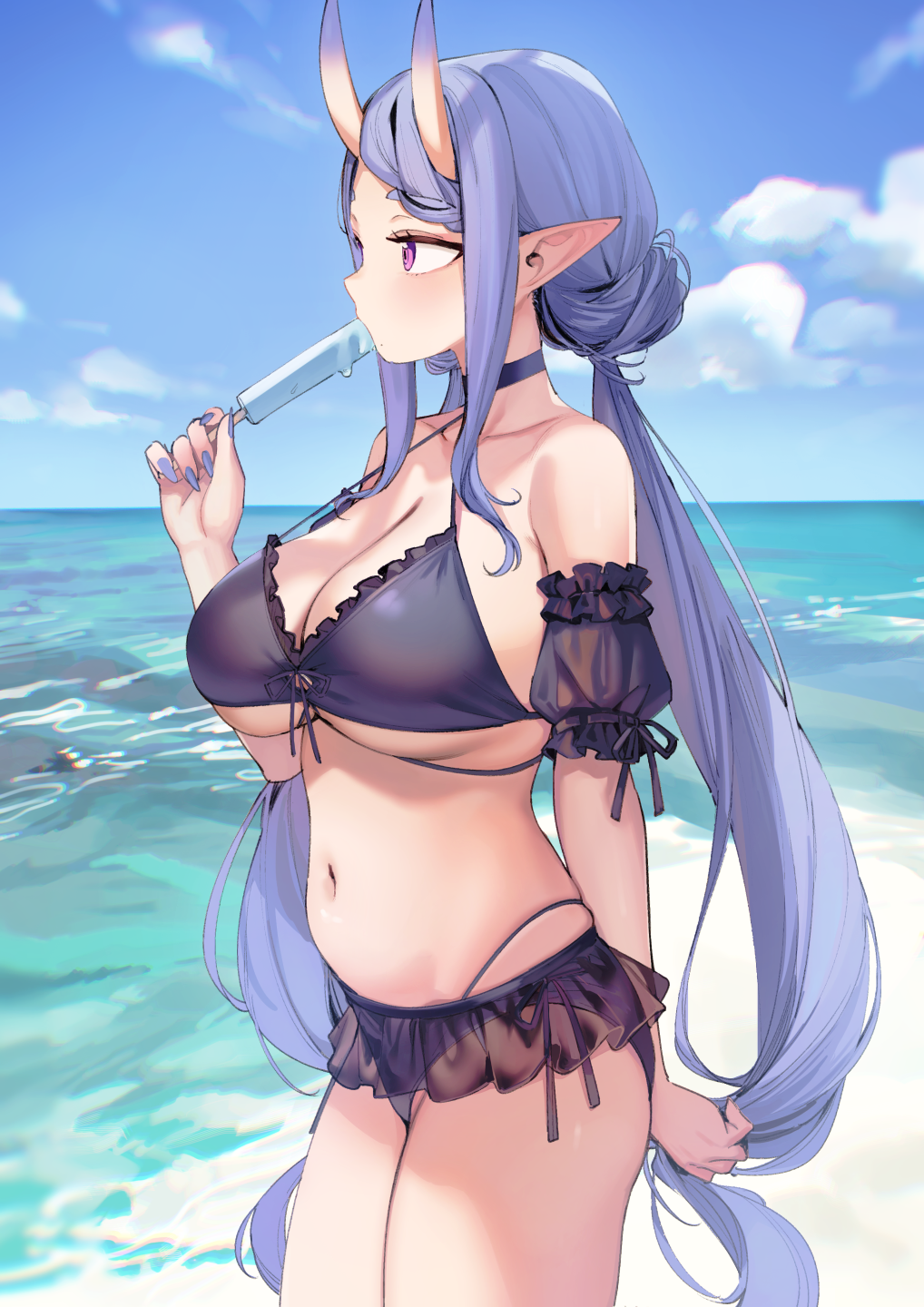 1girl, beach, bikini, black_bikini, black_choker, blue_hair, blue_sky, breasts