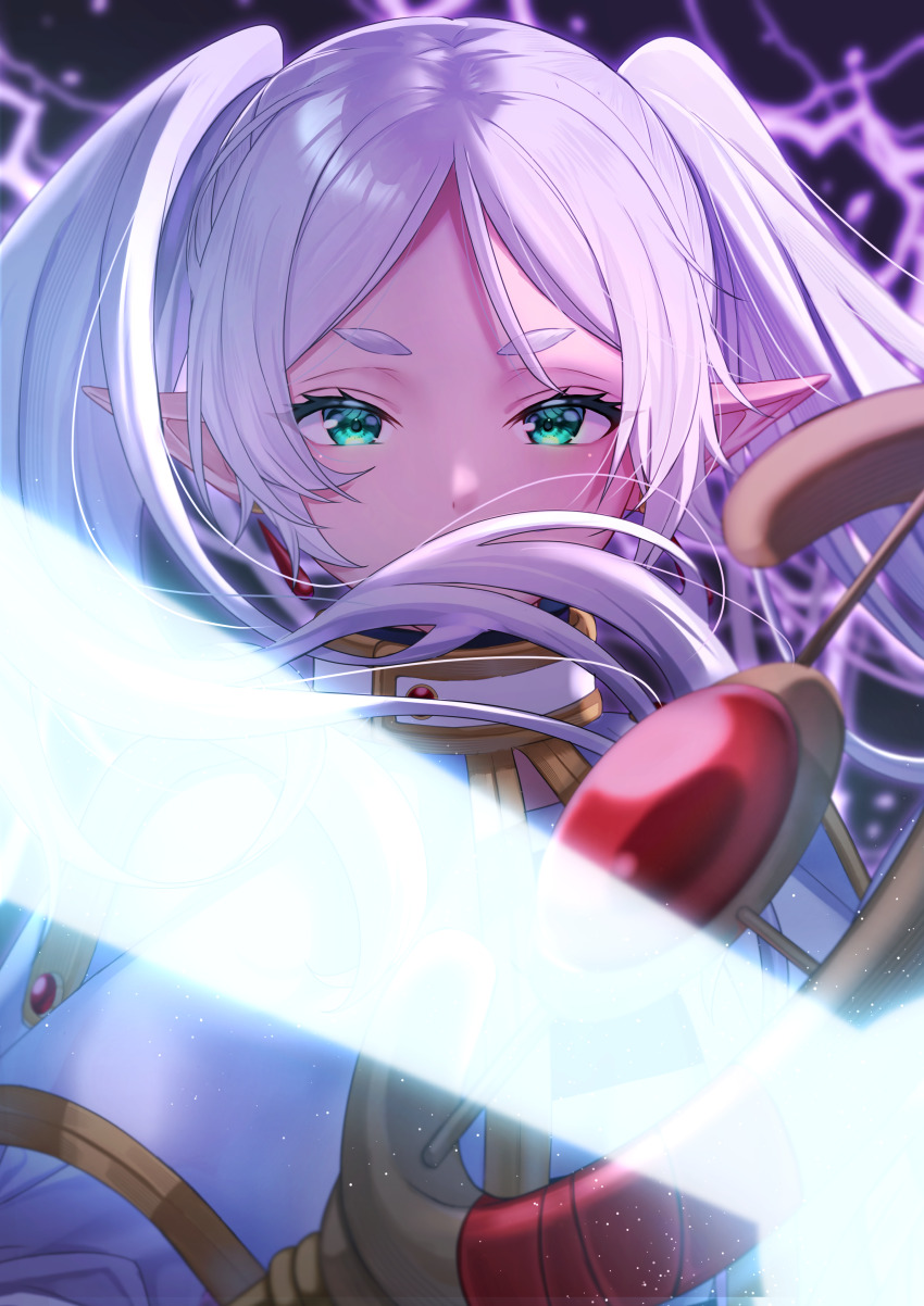 1girl, absurdres, blurry, capelet, commentary_request, covered_mouth, depth_of_field, earrings