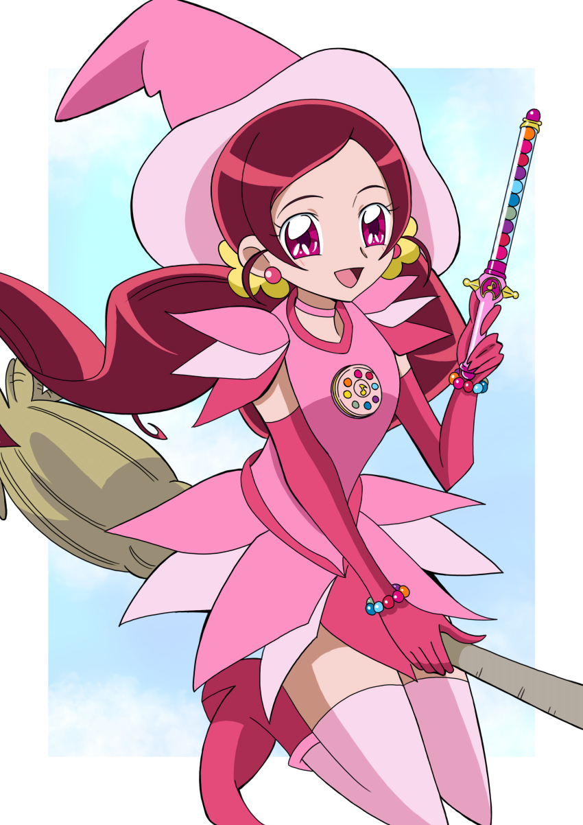 1girl, :d, absurdres, bead_bracelet, beads, blue_background, boots, border, bracelet, broom, broom_riding, choker, color_connection, commentary, company_connection, cosplay, creator_connection, crossover, dress, earrings, eighth_note, elbow_gloves, flower, frilled_dress, frilled_sleeves, frills, gloves, hair_flower, hair_ornament, hair_scrunchie, hanasaki_tsubomi, hand_up, harukaze_doremi, harukaze_doremi_(cosplay), hat, heartcatch_precure!, highres, holding, holding_wand, jewelry, legs_up, long_hair, looking_at_viewer, low_twintails, magical_girl, morishita_(moricuremori), musical_note, ojamajo_doremi, open_mouth, outside_border, parted_bangs, peperuto_pollon, pink_boots, pink_choker, pink_dress, pink_eyes, pink_gloves, pink_hair, pink_hat, pink_thighhighs, pointy_boots, precure, scrunchie, short_dress, short_sleeves, smile, solo, sphere_earrings, thighhighs, toei_company, training_tap, twintails, very_long_hair, wand, white_border, witch, witch_hat, yellow_scrunchie, zettai_ryouiki