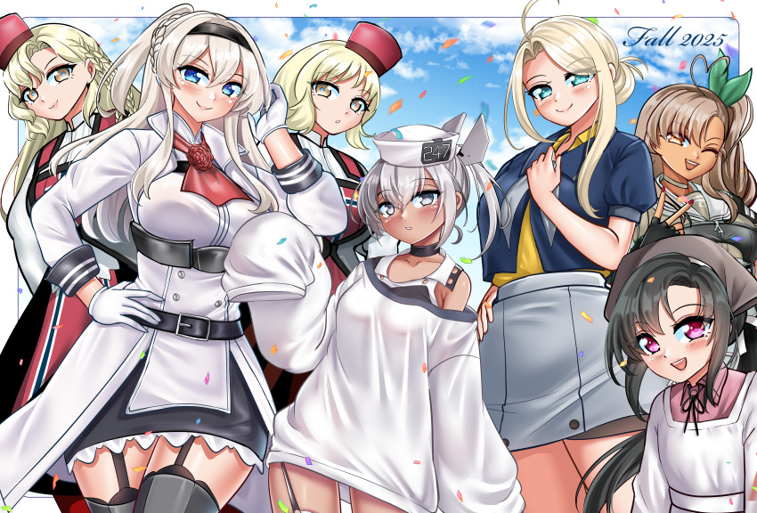 6+girls, absurdres, ahoge, apron, asymmetrical_hair, back-to-back, bandana, belt