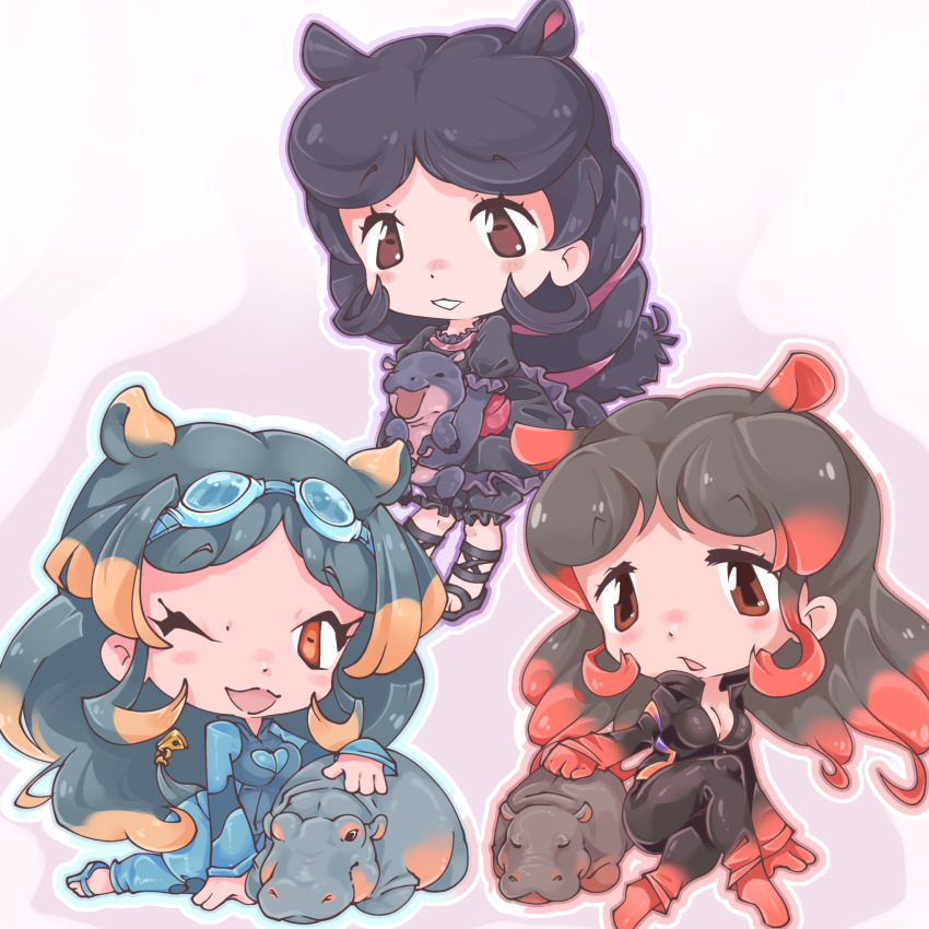 3girls, animal, animal_ears, baby_animal, baby_hippopotamus, brown_eyes, chibi, chibi_only