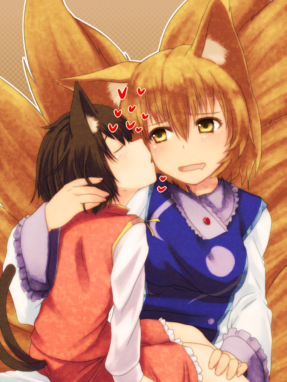 2girls, animal_ears, blonde_hair, brown_hair, cat_ears, cat_girl, cat_tail, kissing_cheek, chen, dokuo, dress, drooling, female_focus, fox_ears, fox_tail, frilled_skirt, frills, hand_in_own_hair, hand_on_own_knee, heart, highres, kiss, multiple_girls, multiple_tails, nekomata, missing_headwear, no_headwear, open_mouth, red_skirt, shirt, short_hair, sitting, sitting_on_lap, sitting_on_person, skirt, skirt_set, tabard, tail, touhou, wavy_mouth, white_dress, yakumo_ran, yellow_eyes, yuri