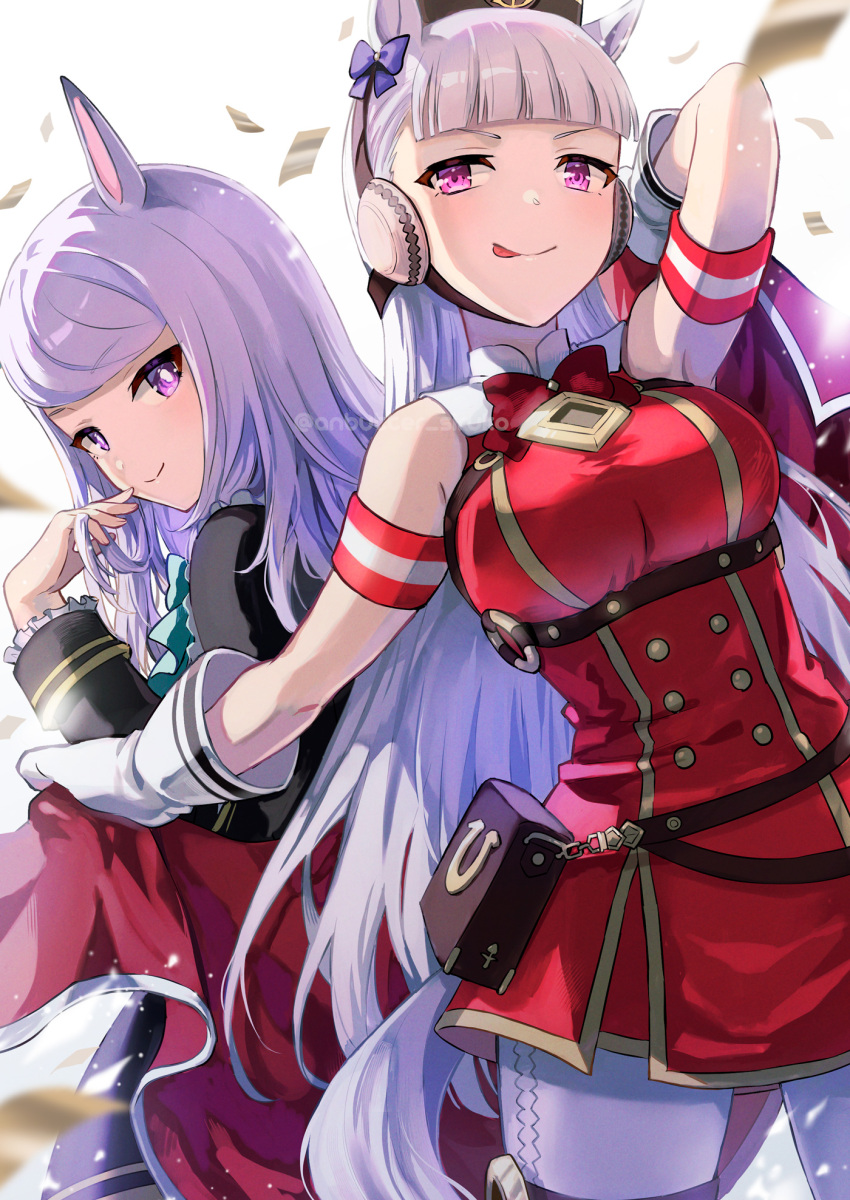 2girls, anbutter_siruko, animal_ears, aqua_bow, aqua_bowtie, armband, black_coat, blunt_bangs