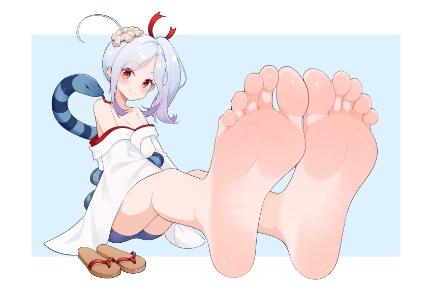 1girl, absurdres, barefoot, blush, feet, geta, grey_hair, highres, long_hair, looking_at_viewer, oshiro_project:re, red_eyes, shoes, side_ponytail, smile, snake, soles, toes, unworn_shoes, wl217_(nicexa111), yakumo_(oshiro_project)
