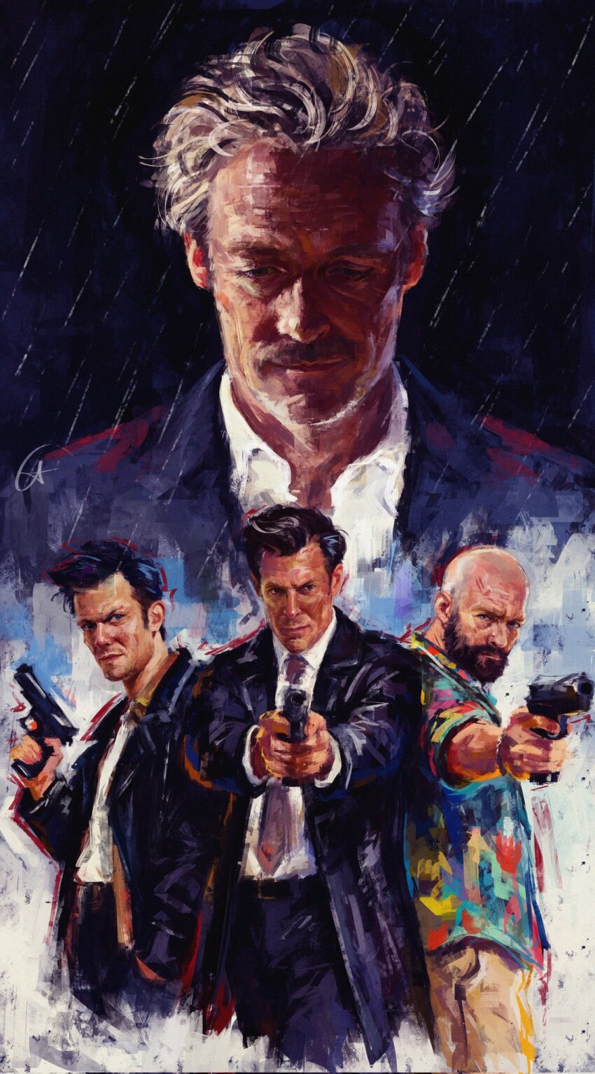 1boy, bald, black_facial_hair, black_hair, commentary, desert_eagle, english_commentary, facial_hair