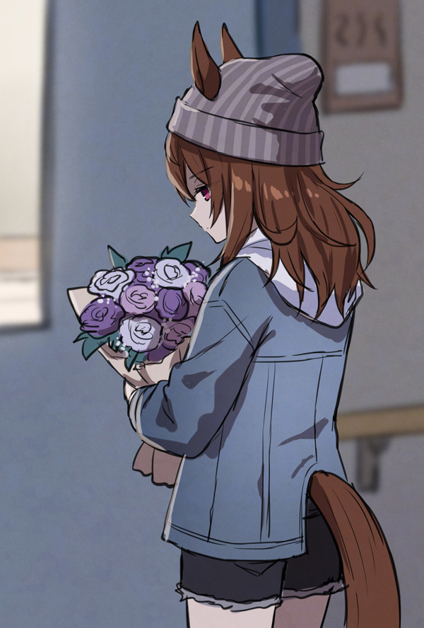 1girl, animal_ears, beanie, black_shorts, bouquet, brown_hair, denim, denim_jacket