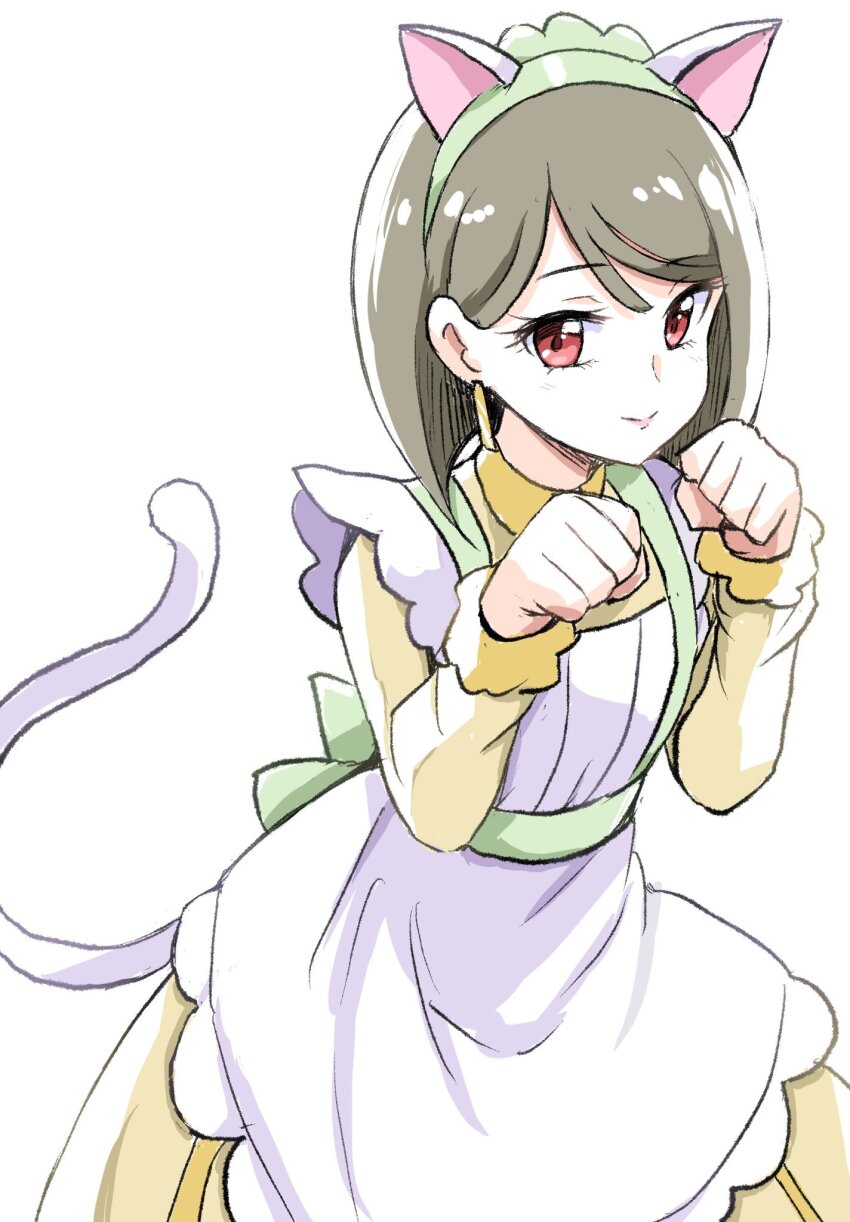 1girl, animal_ears, apron, back_bow, bow, brown_hair, cat_ears, cat_tail