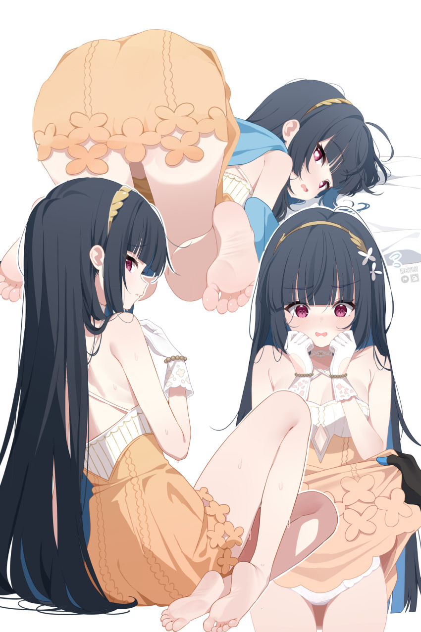 2girls, ass, bad_id, barefoot, black_hair, blue_hair, blue_scarf, blush, breasts, cleavage, clothes_lift, clothing_cutout, colored_inner_hair, commentary, criss-cross_halter, deyui, dress, dress_lift, embarrassed, extra_pupils, feet, female_tyrant_(stella_sora), flying_sweatdrops, gloves, hairband, halterneck, highres, lace, lace-trimmed_gloves, lace_trim, lifting_another's_clothes, long_hair, medium_breasts, multicolored_hair, multiple_girls, multiple_views, nazuka_(stella_sora), open_mouth, orange_dress, panties, parted_lips, peanut_mouth, red_eyes, scarf, short_dress, sitting, sleeveless, sleeveless_dress, soles, solo_focus, standing, stella_sora, thigh_gap, toes, top-down_bottom-up, two-tone_dress, two-tone_hair, tyrant_(stella_sora), underboob, underboob_cutout, underwear, very_long_hair, wavy_mouth, wet, white_dress, white_gloves, white_panties