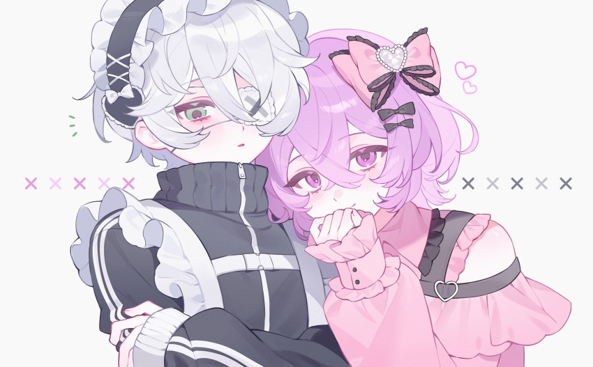 2boys, absurdres, alternate_costume, bare_shoulders, black_bow, black_track_suit, bow, commentary, crossdressing, crossdressing_(mtf), crossed_arms, crossed_bangs, ensemble_stars!, eyepatch, frills, green_eyes, hair_between_eyes, hair_bow, hairband, hanamura_fuyume, hand_up, harunafuyuka, heart, highres, jersey_maid, jirai_kei, lace-trimmed_bow, lace-trimmed_headwear, lace_trim, lolita_hairband, long_sleeves, looking_at_viewer, maid, male_focus, multiple_boys, natsu_kanna, pink_bow, pink_shirt, puffy_sleeves, purple_eyes, purple_hair, shirt, short_hair, strap, untranslatable_commentary, track_suit, trap, unconventional_maid, upper_body, white_background, white_hair, zipper