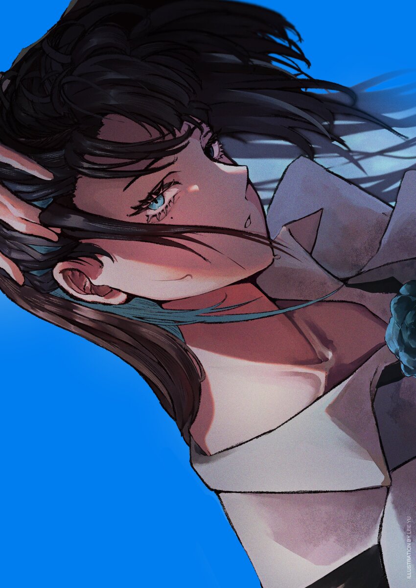 1girl, absurdres, ado_(utaite), aegyo_sal, black_hair, blue_eyes, blue_hair, chando_(ado)