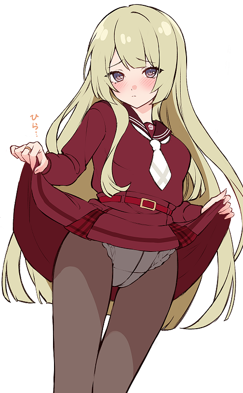 1girl, assault_lily, belt, belt_buckle, blonde_hair, blunt_bangs, blush, brcl7777, breasts, brown_pantyhose, brown_sailor_collar, buckle, closed_mouth, clothes_lift, commentary_request, commission, crotch_seam, diaper, hands_up, jewelry, kanba_girls_high_school_uniform, lifting_own_clothes, long_hair, long_sleeves, looking_at_viewer, medium_breasts, miniskirt, miyagawa_takane, necktie, pantyhose, purple_eyes, raised_eyebrows, red_belt, red_shirt, red_skirt, ring, sailor_collar, school_uniform, serafuku, shirt, short_necktie, sidelocks, simple_background, skeb_commission, skirt, skirt_lift, solo, standing, translation_request, very_long_hair, white_background, white_necktie