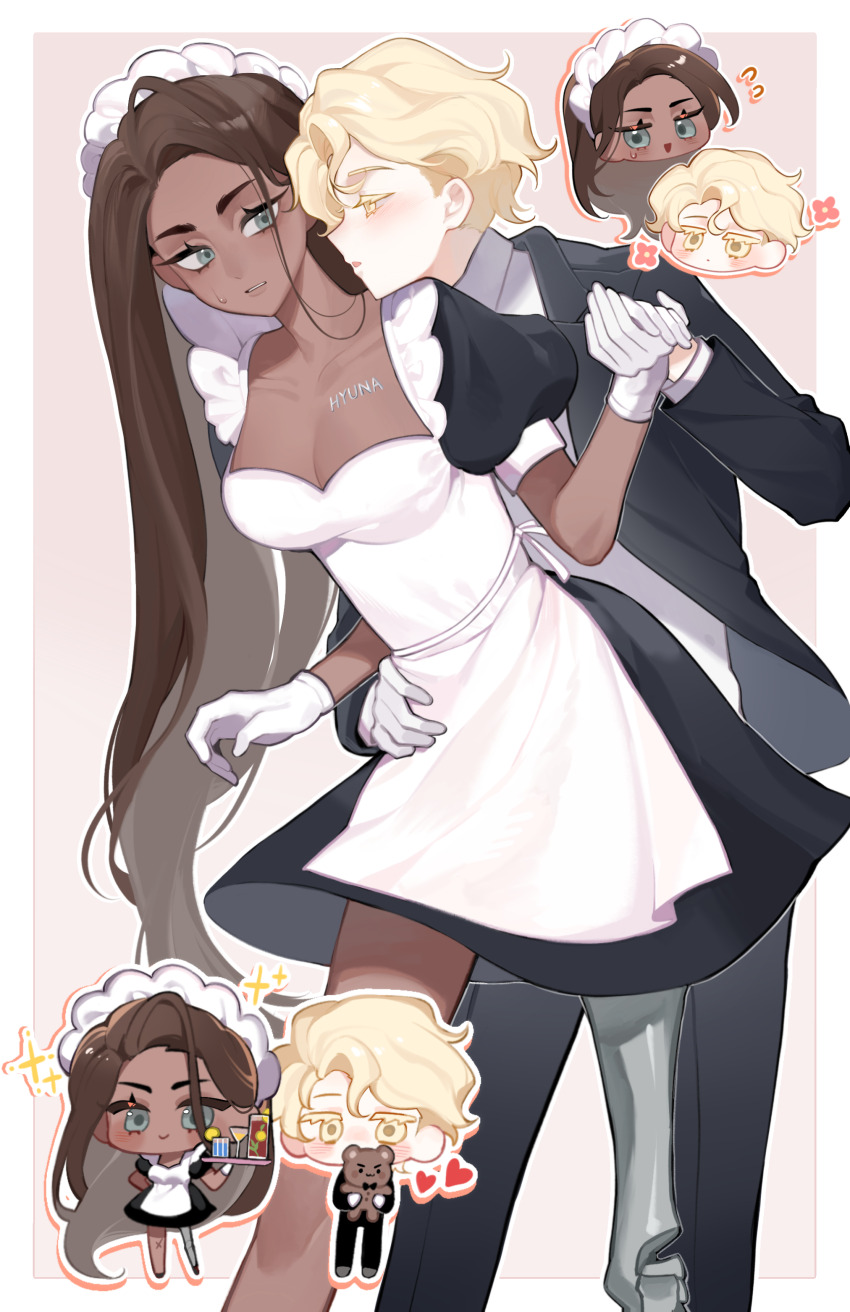 1boy, 1girl, absurdres, alien_stage, black_dress, black_pants, black_suit, blonde_hair, blue_eyes, breasts, brown_hair, butler, character_name, chibi, chibi_inset, chinese_commentary, cleavage, collarbone, colored_eyelashes, commentary_request, cowboy_shot, curtained_hair, dark-skinned_female, dark_skin, dress, formal_clothes, frilled_sleeves, frills, gloves, hand_grab, hand_on_another's_waist, harunafuyuka, heart, hetero, highres, holding, holding_stuffed_toy, hyuna_(alien_stage), long_hair, looking_at_another, loose_hair_strand, luka_(alien_stage), medium_breasts, multicolored_dress, pants, prosthesis, prosthetic_leg, puffy_short_sleeves, puffy_sleeves, shirt, short_hair, short_sleeves, sparkle, stuffed_animal, stuffed_toy, suit, sweatdrop, very_long_hair, white_dress, white_gloves, white_shirt, yellow_eyes