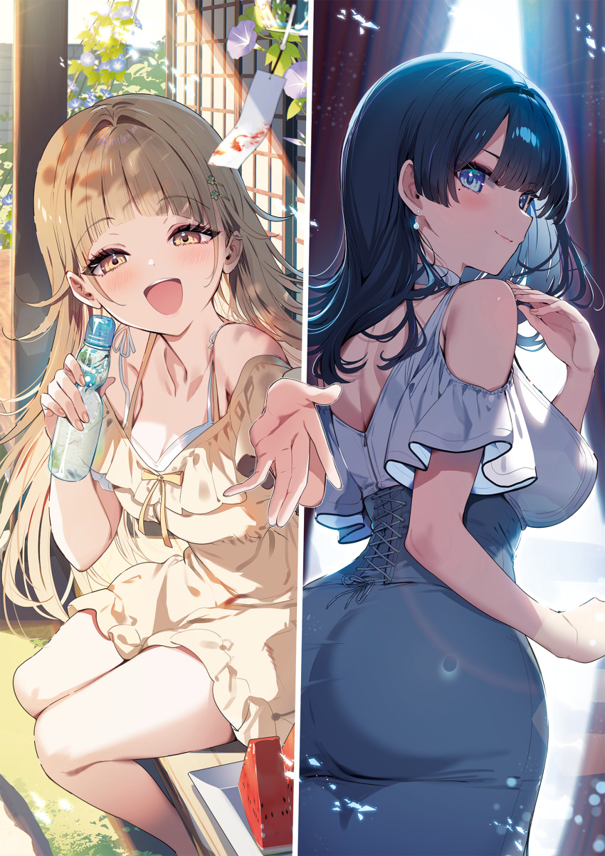 2girls, back, backlighting, black_hair, blonde_hair, blue_eyes, blue_skirt, blurry