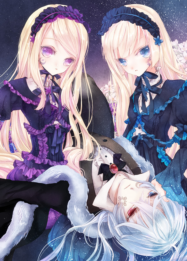 1boy, 218, 2girls, accurate_lolita_coord, bad_id, bad_pixiv_id, blonde_hair, blue_dress