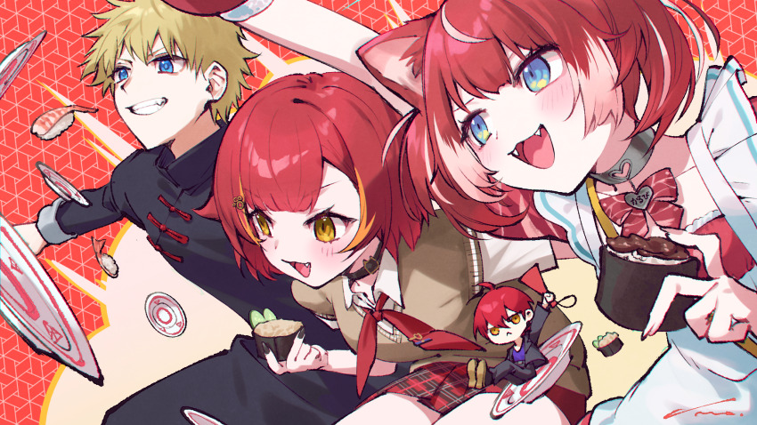 2boys, 2girls, akami_karubi, animal_ears, black_nails, blonde_hair, blue_eyes, blush