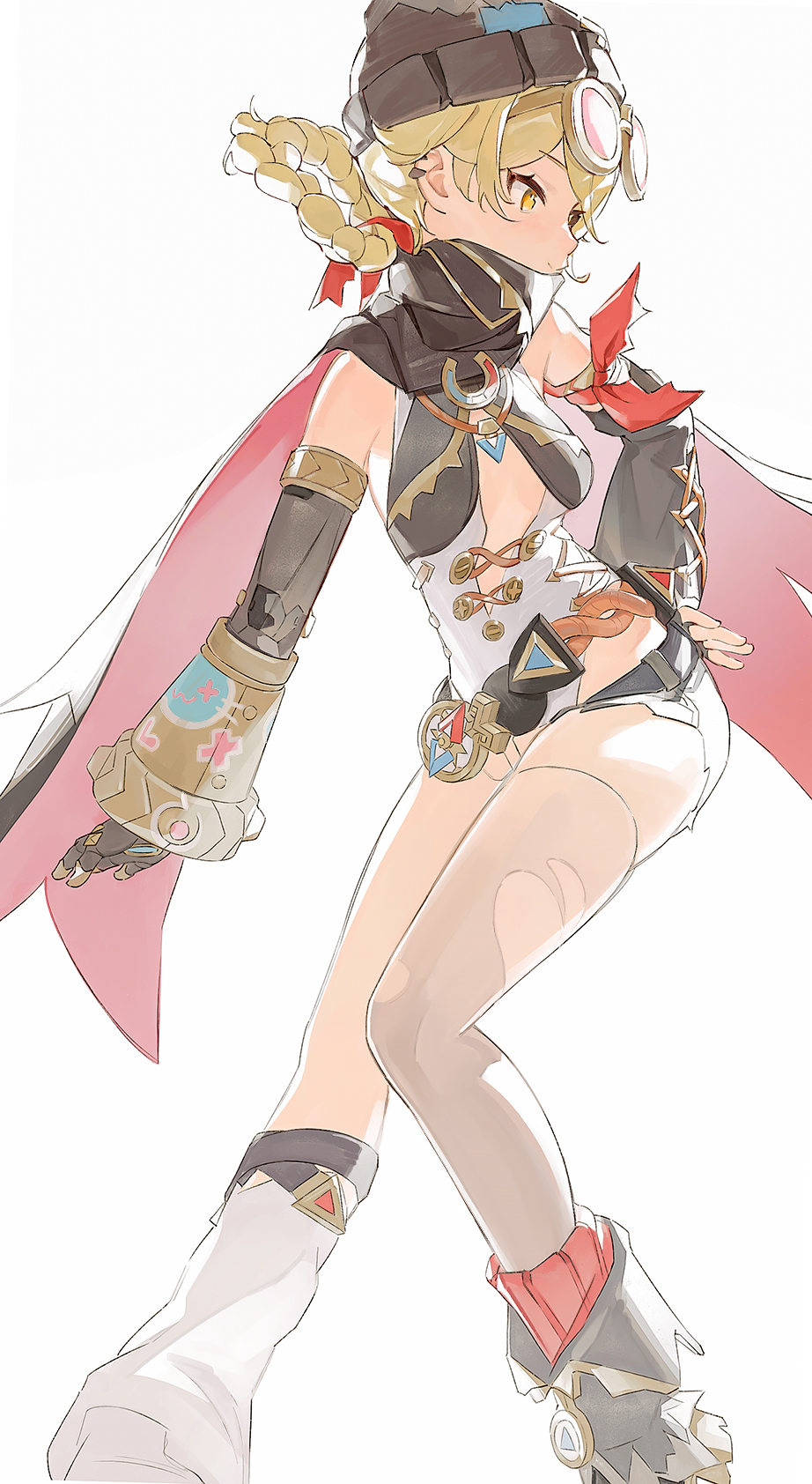 1girl, bandana_around_arm, blonde_hair, braid, braided_hair_rings, breasts, brown_hat, commentary_request