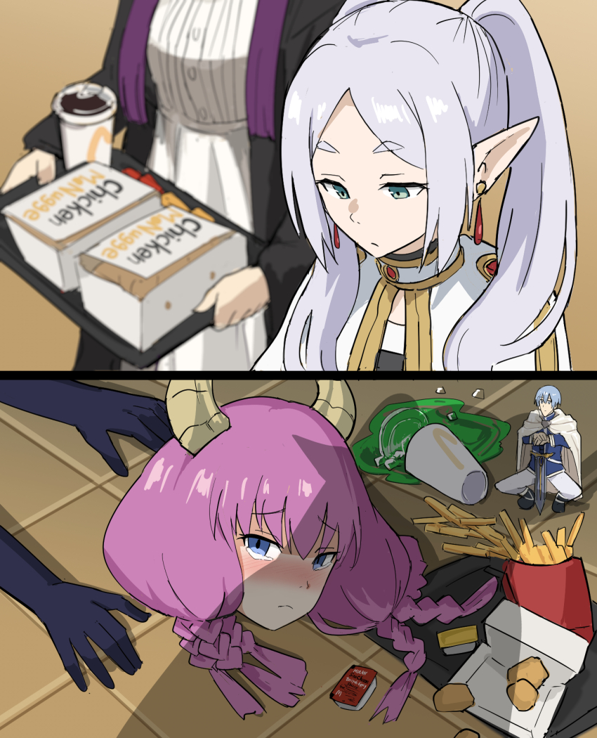 3girls, apu_spills_his_tendies_(meme), aura_(sousou_no_frieren), aura_bullying_(meme), balancing_sasuke, black_coat, blue_eyes, blurry, blurry_background, blush, braid, capelet, chicken_nuggets, coat, contemporary, cup, demon_girl, demon_horns, disposable_cup, dress, elf, expressionless, fern_(sousou_no_frieren), figure, food, french_fries, frieren, frown, furrowed_brow, gold_trim, grey_hair, hair_over_shoulder, highres, himmel_(sousou_no_frieren), holding, holding_tray, horns, indoors, long_hair, looking_at_another, looking_at_viewer, looking_down, mcdonald's, meme, multiple_braids, multiple_girls, on_floor, open_clothes, open_coat, parted_bangs, pointy_ears, purple_hair, sousou_no_frieren, spill, tearing_up, tenten_(chan4545), tile_floor, tiles, tray, twintails, white_capelet, white_dress
