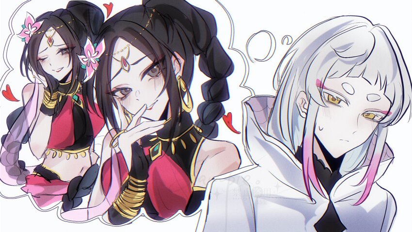 1boy, 1girl, arabian_clothes, azhe_kanata, bare_shoulders, black_hair, bracelet, braid