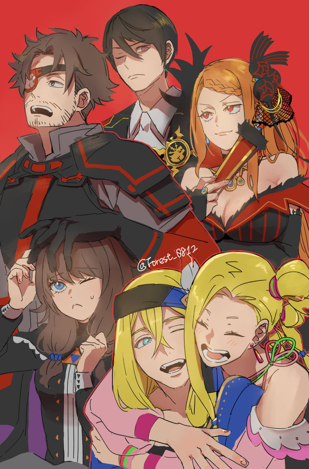 3boys, 3girls, armor, bare_shoulders, beard, black_gloves, black_hair, blonde_hair, blue_eyes, braid, braided_bangs, breasts, brother_and_sister, brown_hair, cleavage, closed_eyes, commentary_request, dress, earrings, eyepatch, facial_hair, flop_o'connell, folding_fan, forest_0812, gloves, hair_between_eyes, hair_ornament, hand_fan, headband, highres, holding, holding_fan, hug, hug_from_behind, jamal_(re:zero), jewelry, katya_aurelie, long_hair, medium_o'connell, multiple_boys, multiple_girls, necklace, one_eye_closed, open_mouth, priscilla_barielle, re:zero_kara_hajimeru_isekai_seikatsu, red_background, red_eyes, shoulder_armor, siblings, side_ponytail, simple_background, smile, stubble, twitter_username, vincent_vollachia