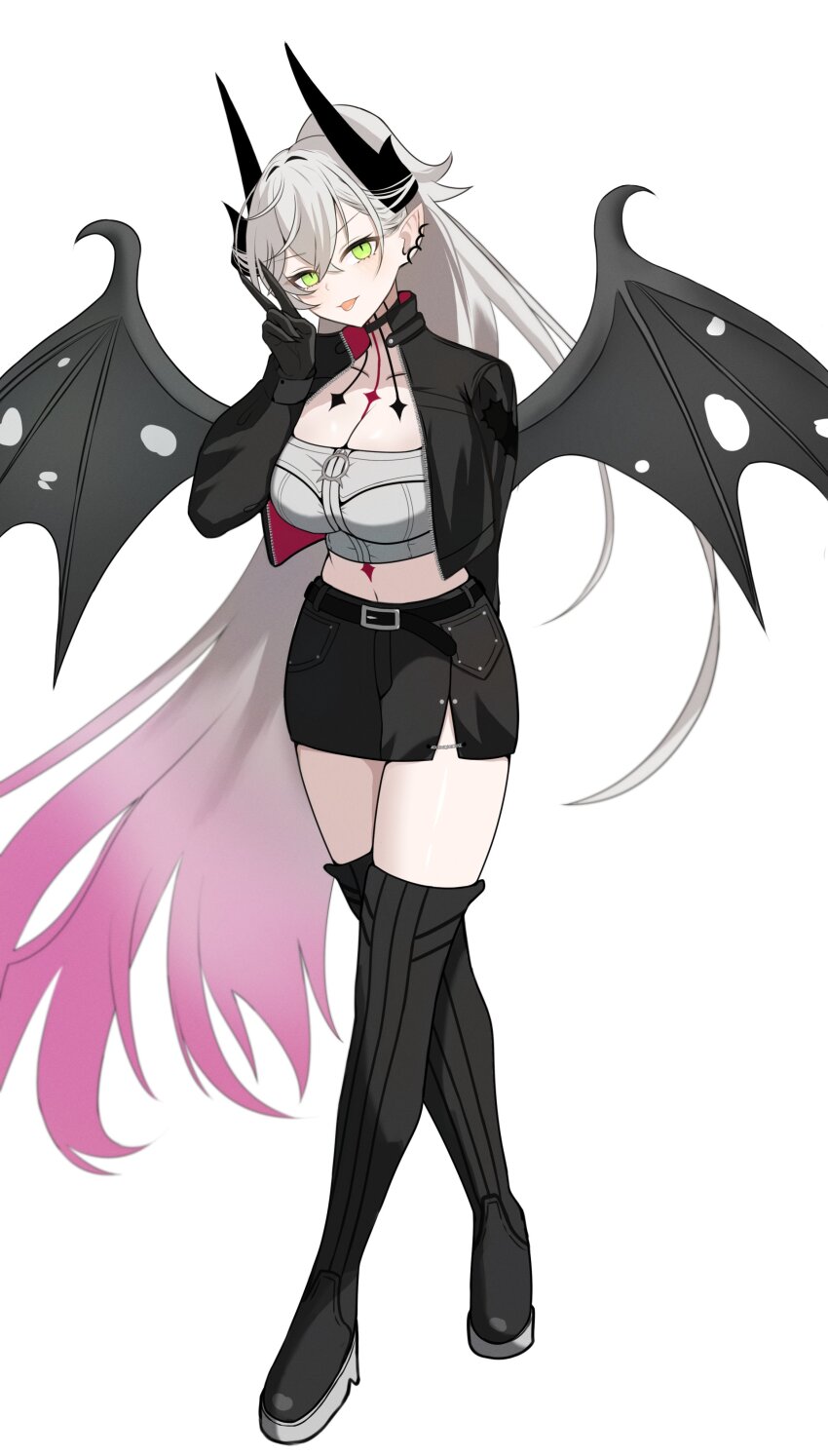 1girl, absurdres, bat_wings, black_skirt, black_thighhighs, commentary_request, demon_horns, fate/grand_order