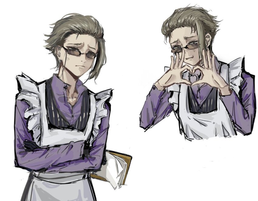 1boy, alicsph, anger_vein, angry, apron, blonde_hair, commentary_request, crossdressing